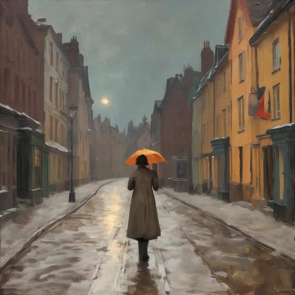 Καλλιτεχνική εικόνα οωνείνων με ομπρέλα σε βροχετό δρόμο, ενίσχυση ενσυναίσθησης και τέχνη.