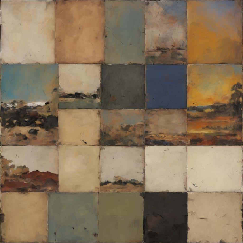 Ζωγραφικό έργο με ετερόκλητα χρώματα και υφές, εκφράζοντας τέχνη και ενσυναίσθηση.