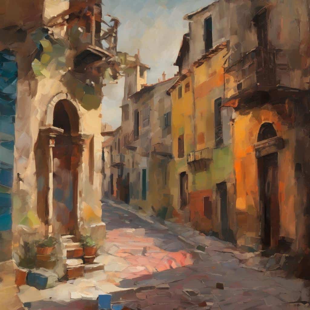 Μεσαιωνική πλατεία στην Ελλάδα με παραδοσιακά σπίτια σε ζεστές αποχρώσεις.