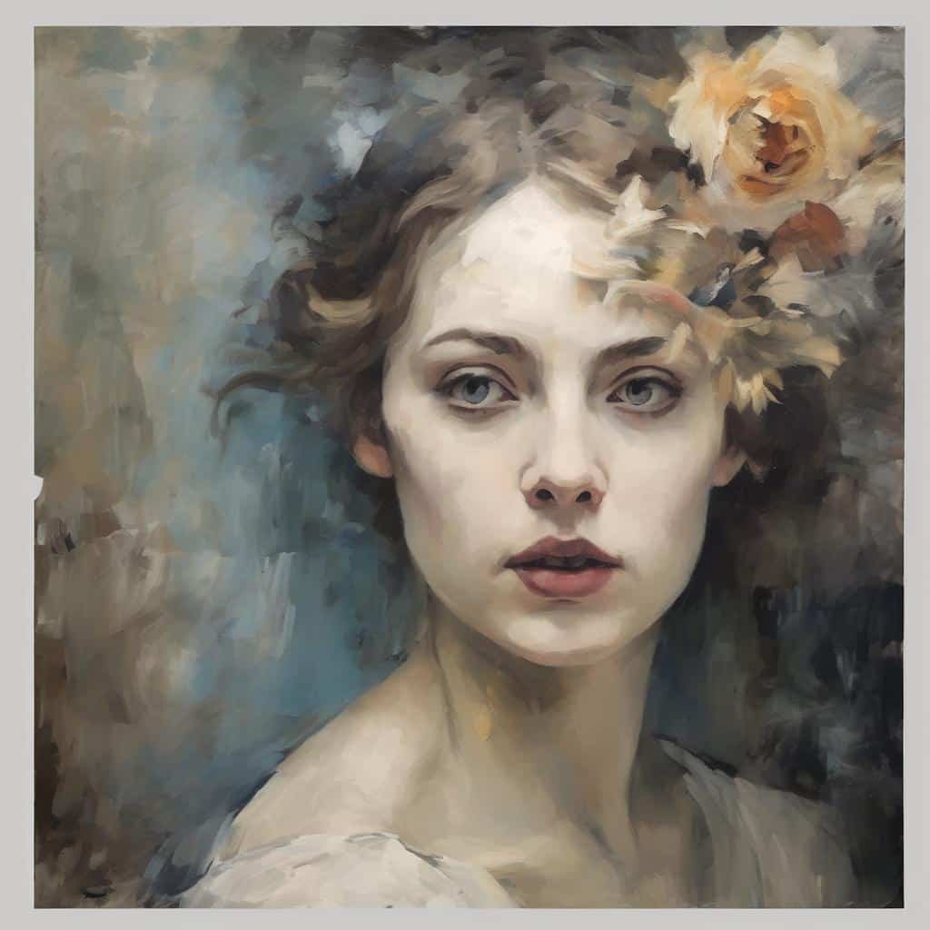 παραδοσιακό πορτρέτο γυναίκας με λουλούδια στα μαλλιά, τέχνη, ενσυναίσθηση, συναισθηματική έκφραση, ζωγραφική, σύγχρονη τέχνη, ποίηση, ανθρώπινη ψυχή.